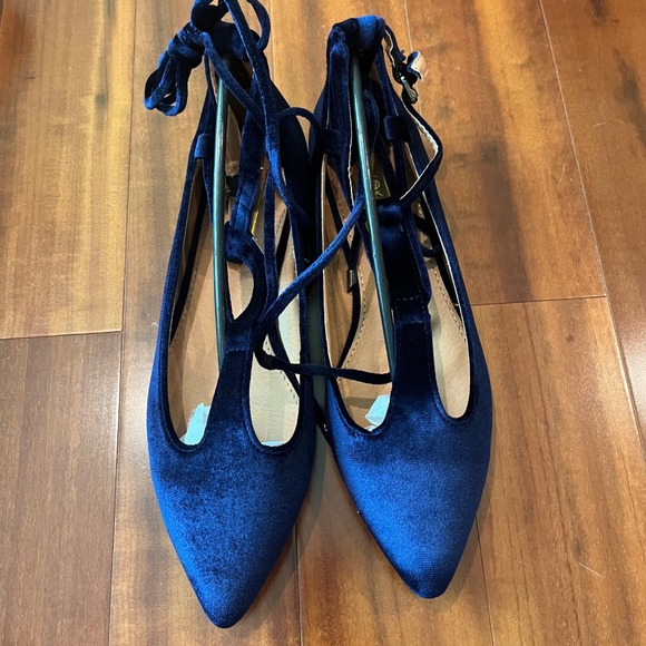 Yoki Shoes - Navy Velvet Ballet Flat Lace Up Pointed Toe Strappy T Yoki Urban-80 New Size 7.5